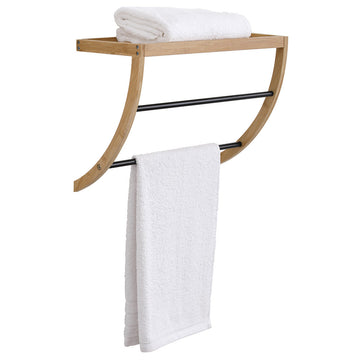 Raft Montat pe Perete din Bambus cu 1 Raft și 2 Bare din Oțel Inoxidabil – Negru/Natural