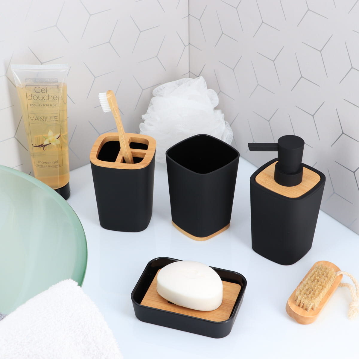 Dispenser pentru Săpun din Cauciuc + ABS și Bambus 380 ml - Negru