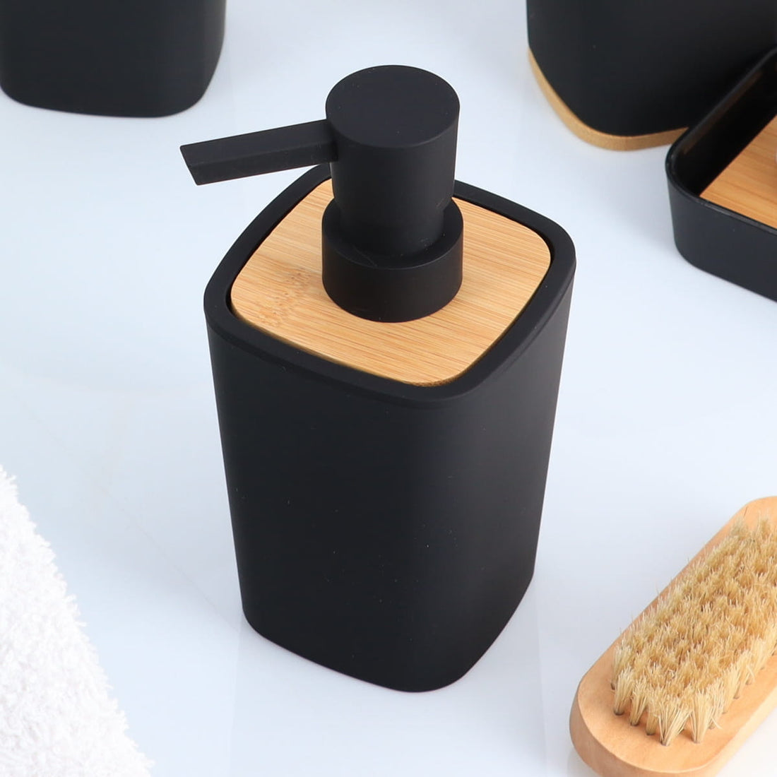 Dispenser pentru Săpun din Cauciuc + ABS și Bambus 380 ml - Negru
