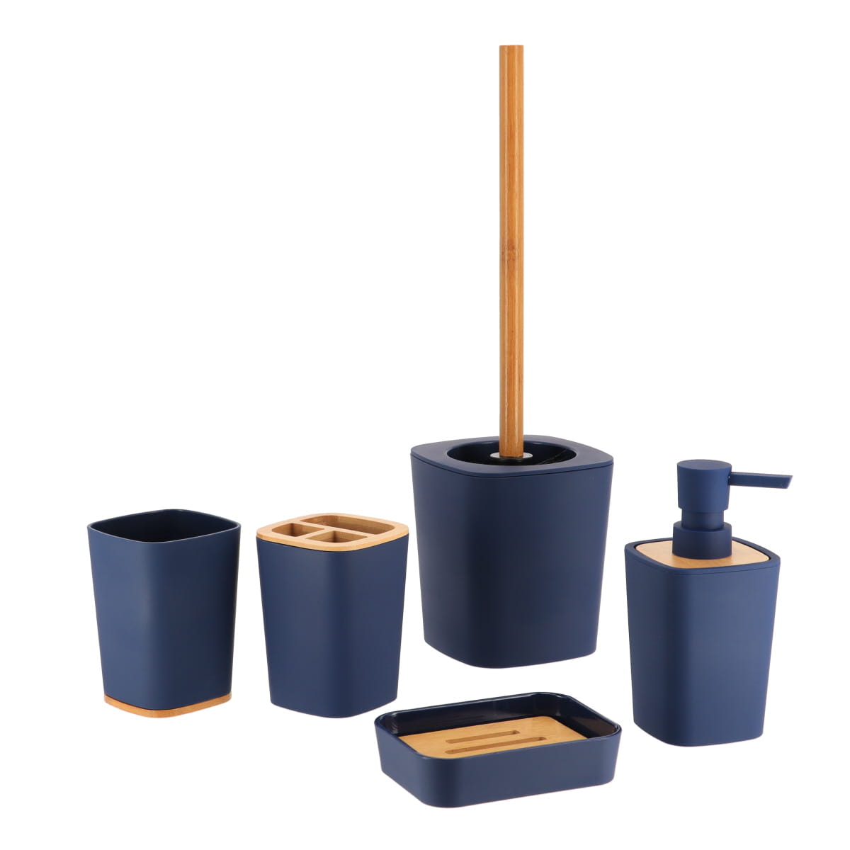 Dispenser pentru Săpun din Cauciuc + ABS și Bambus 380 ml - Albastru Marin