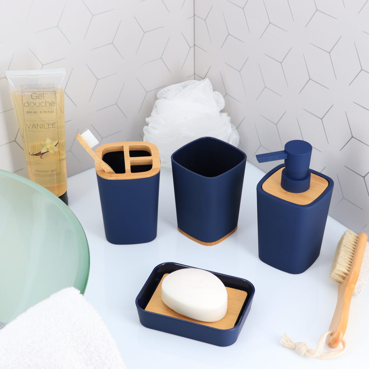 Dispenser pentru Săpun din Cauciuc + ABS și Bambus 380 ml - Albastru Marin