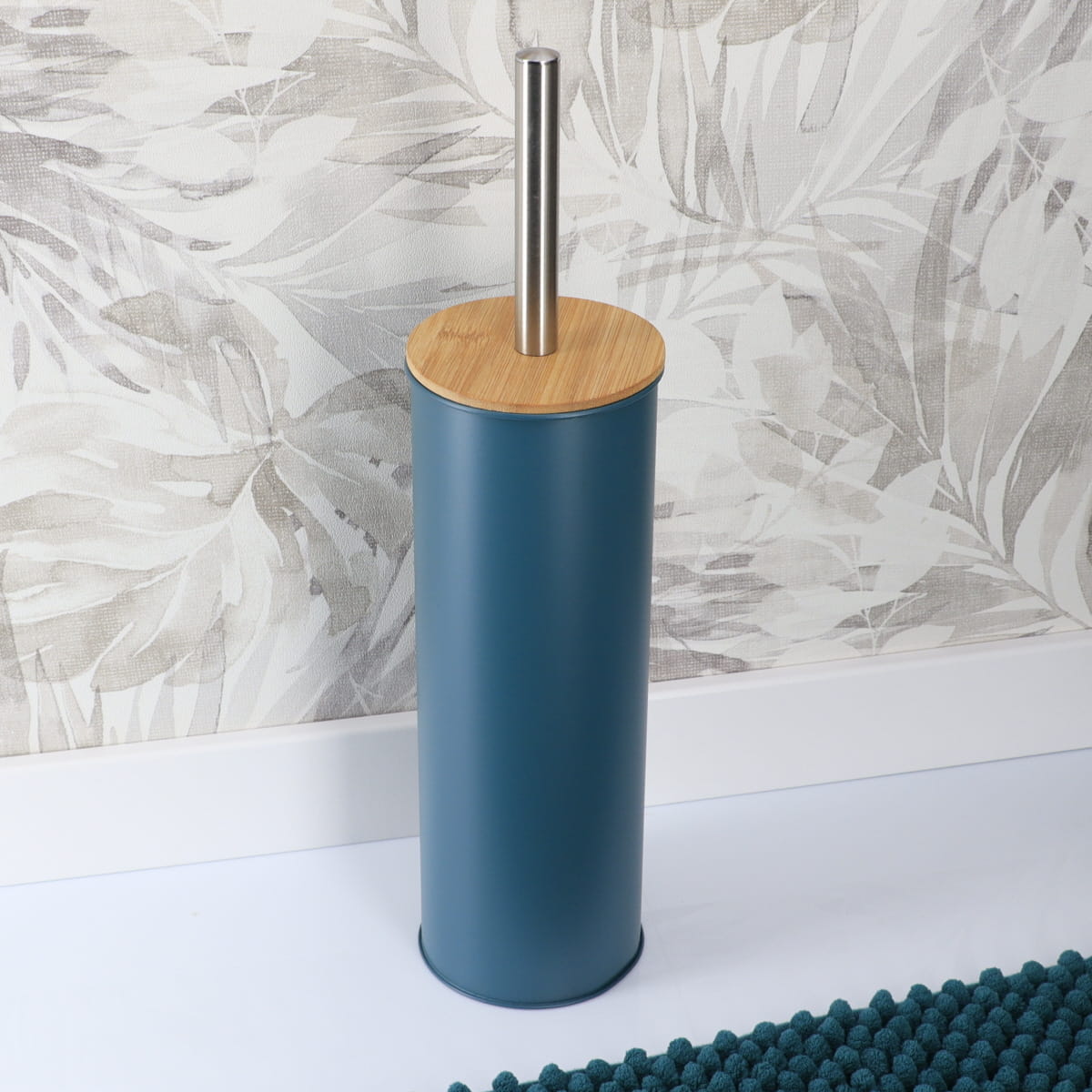 Perie Toaletă Metalică Cu Capac Din Bambus - Verde Imperial