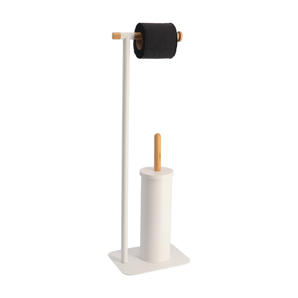 Perie Toaletă și Dispenser Hârtie Igienică din Metal și Bambus – Alb/Natural