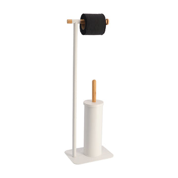 Perie Toaletă și Dispenser Hârtie Igienică din Metal și Bambus – Alb/Natural