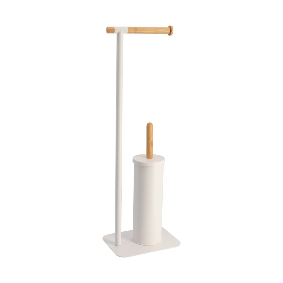 Perie Toaletă și Dispenser Hârtie Igienică din Metal și Bambus – Alb/Natural