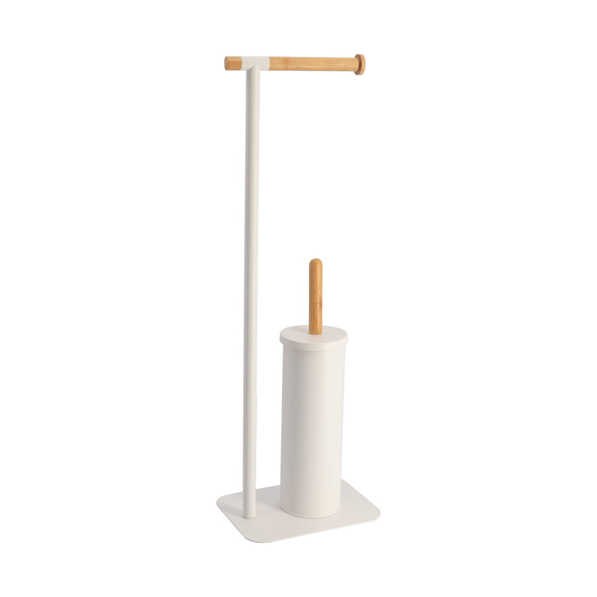 Perie Toaletă și Dispenser Hârtie Igienică din Metal și Bambus – Alb/Natural