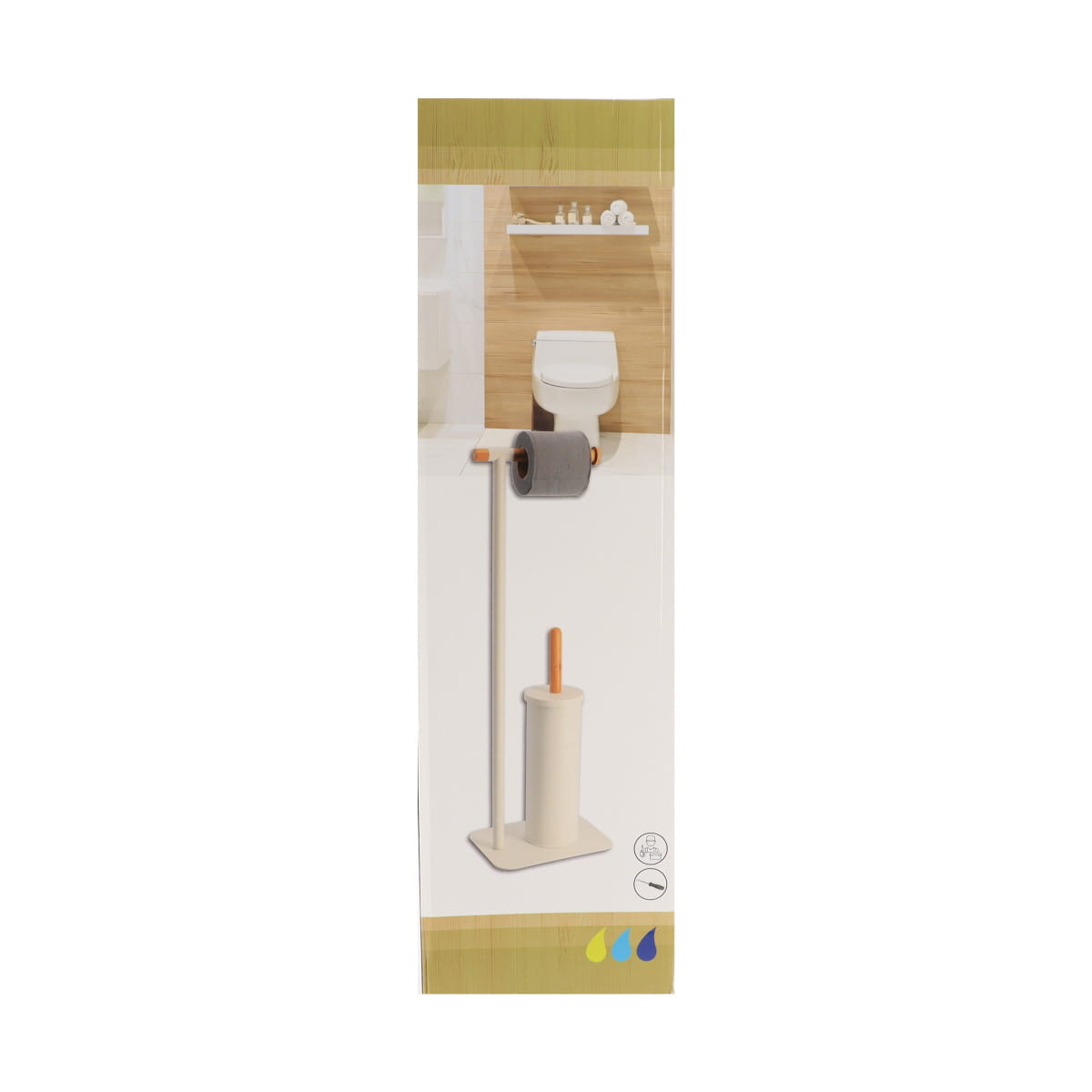 Perie Toaletă și Dispenser Hârtie Igienică din Metal și Bambus – Alb/Natural