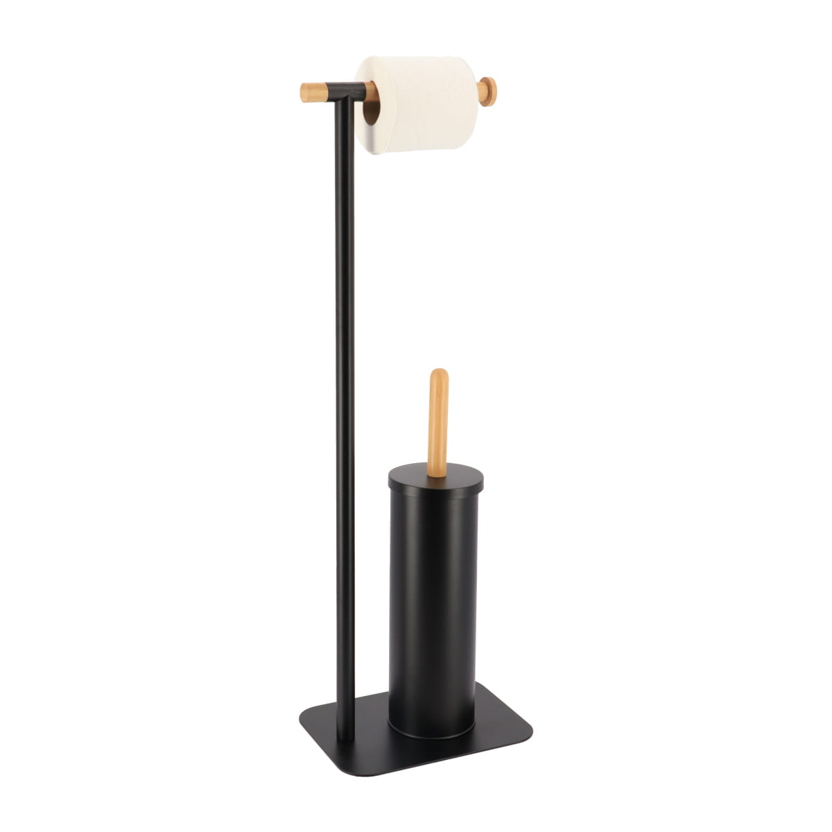 Perie Toaletă și Dispenser Hârtie Igienică din Metal și Bambus – Negru/Natural