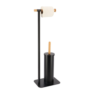 Perie Toaletă și Dispenser Hârtie Igienică din Metal și Bambus – Negru/Natural