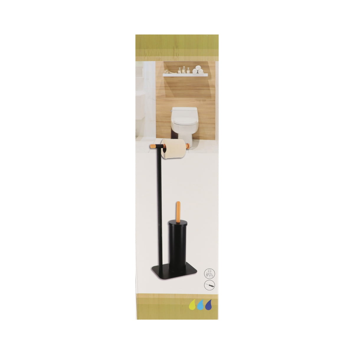 Perie Toaletă și Dispenser Hârtie Igienică din Metal și Bambus – Negru/Natural