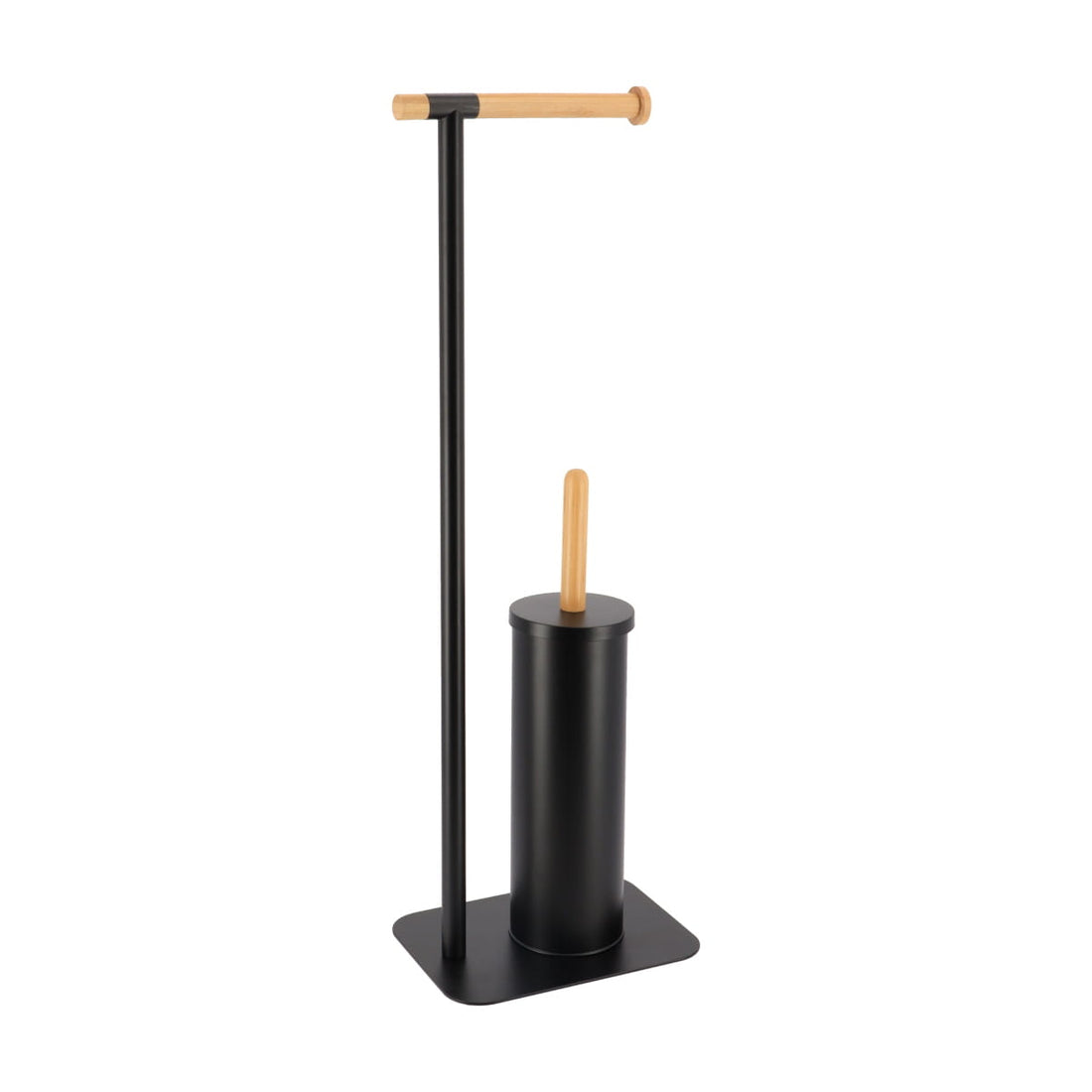 Perie Toaletă și Dispenser Hârtie Igienică din Metal și Bambus – Negru/Natural