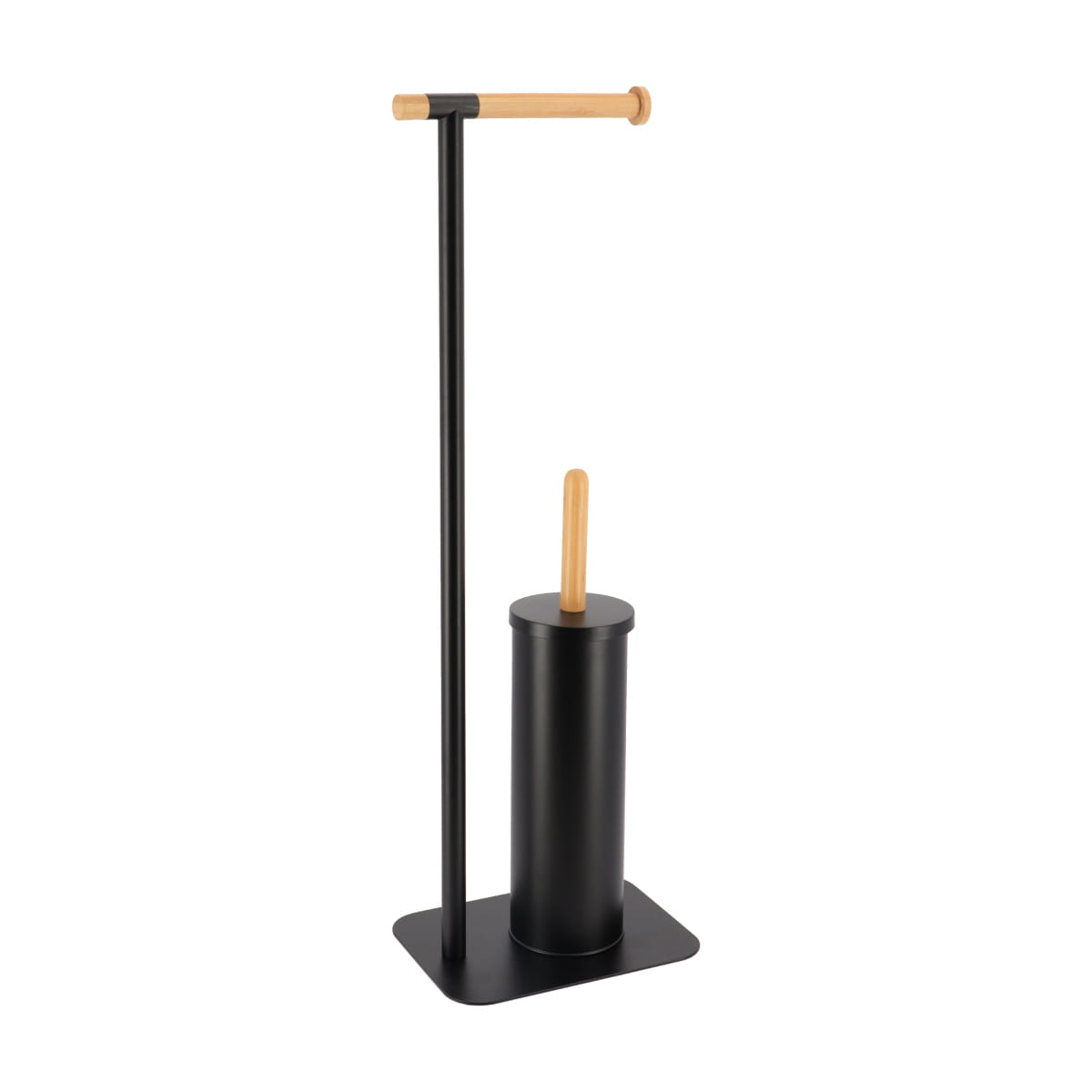 Perie Toaletă și Dispenser Hârtie Igienică din Metal și Bambus – Negru/Natural