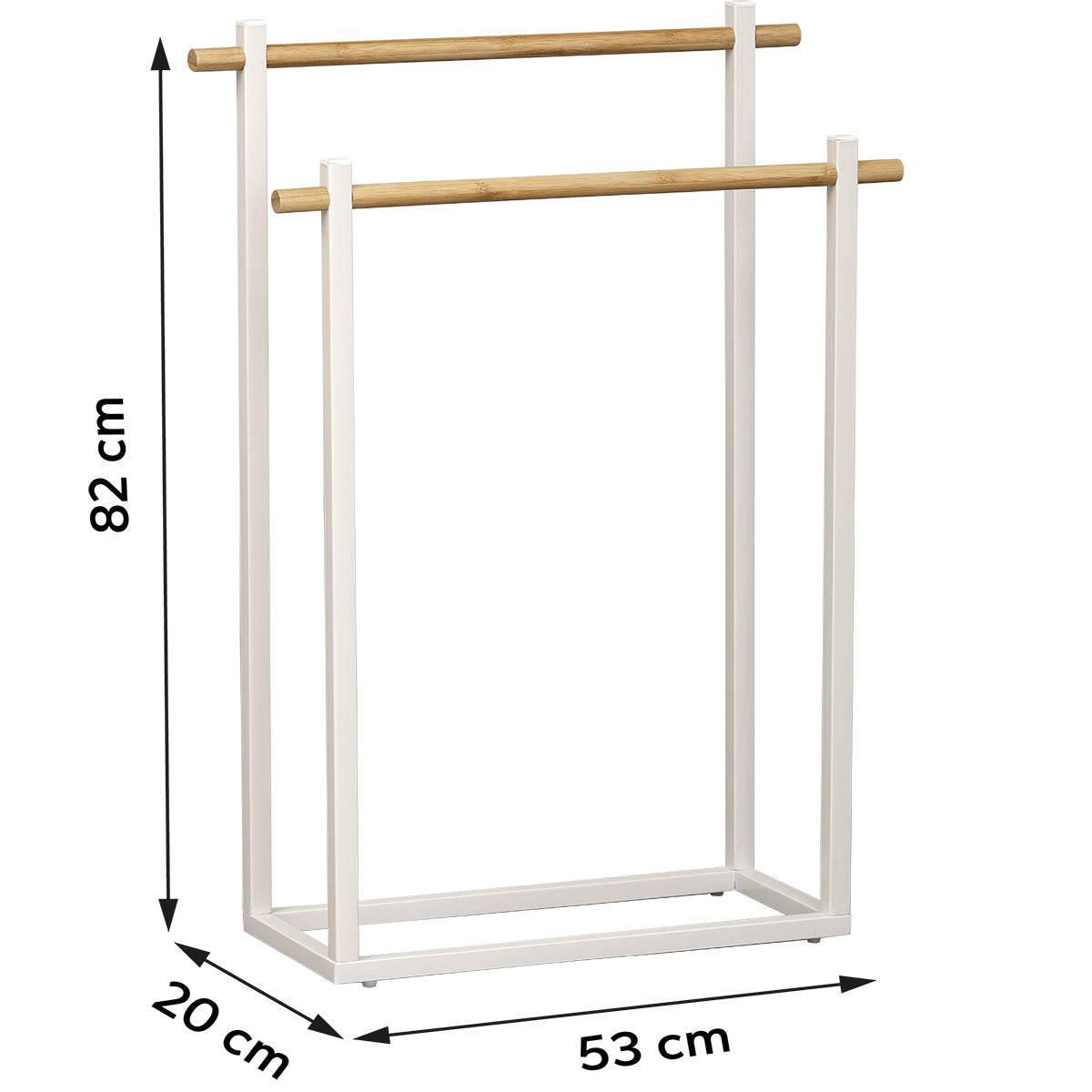 Suport rectangular pentru prosoape din metal cu 2 bare din bambus - Alb/Bambus