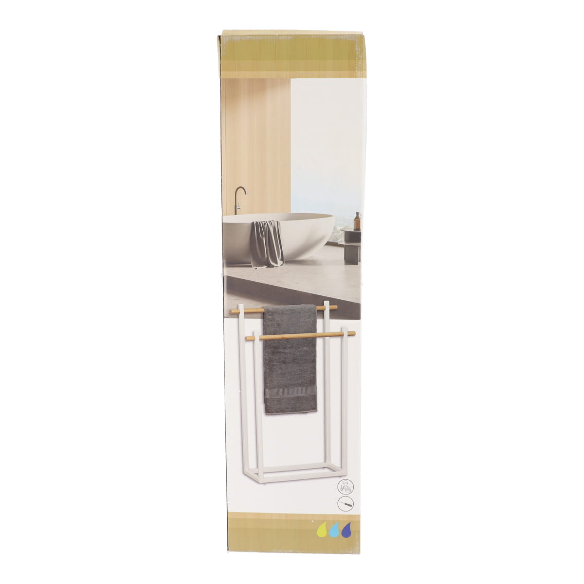 Suport rectangular pentru prosoape din metal cu 2 bare din bambus - Alb/Bambus