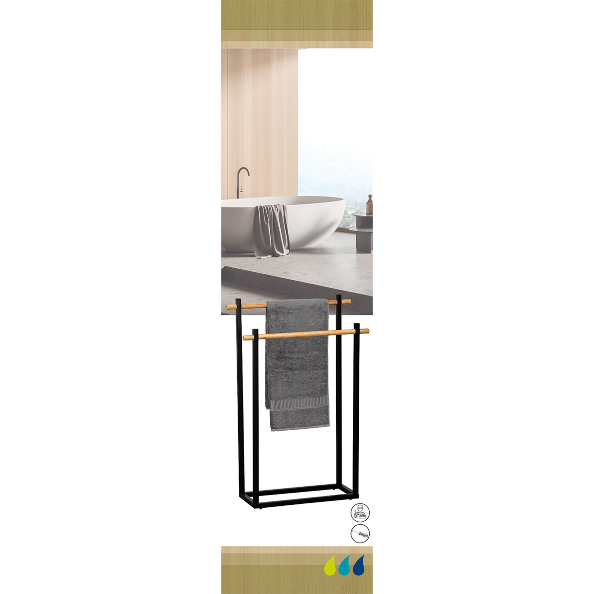 Suport rectangular pentru prosoape din metal cu 2 bare din bambus - Negru/Bambus