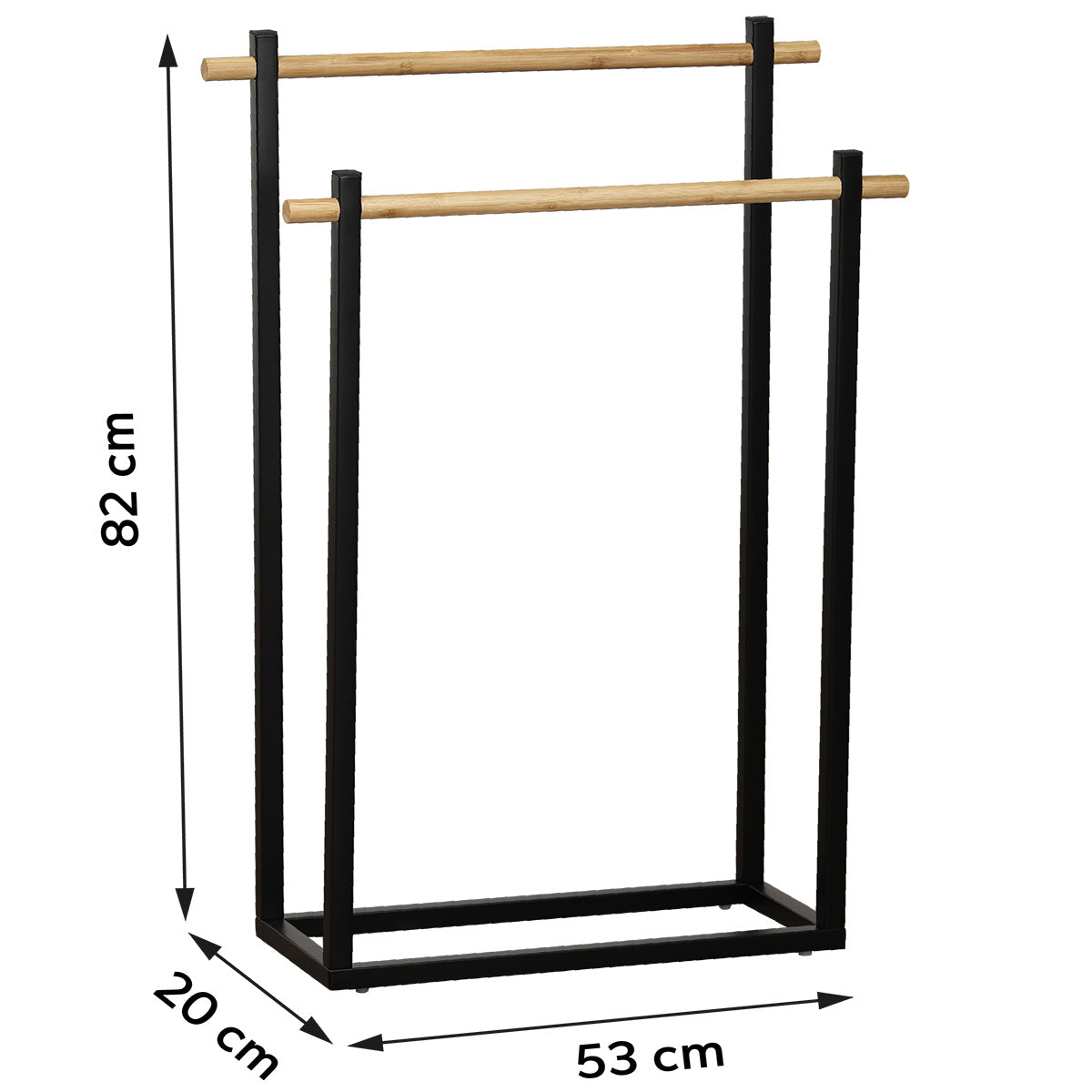 Suport rectangular pentru prosoape din metal cu 2 bare din bambus - Negru/Bambus