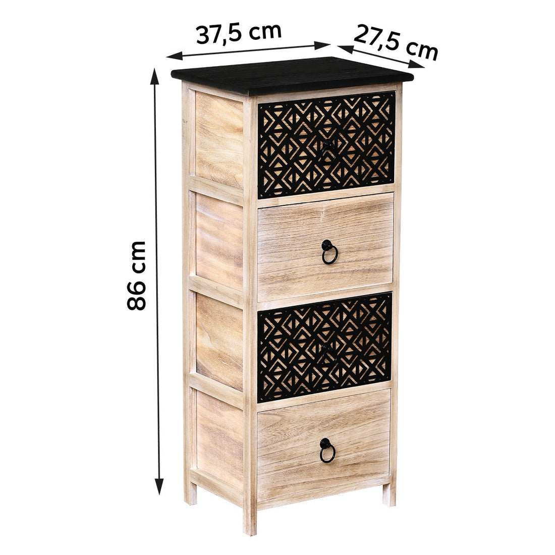 Mobilier din MDF și Paulownia cu 4 Sertare și Mânere Metalice – Natural/Negru cu Gravură