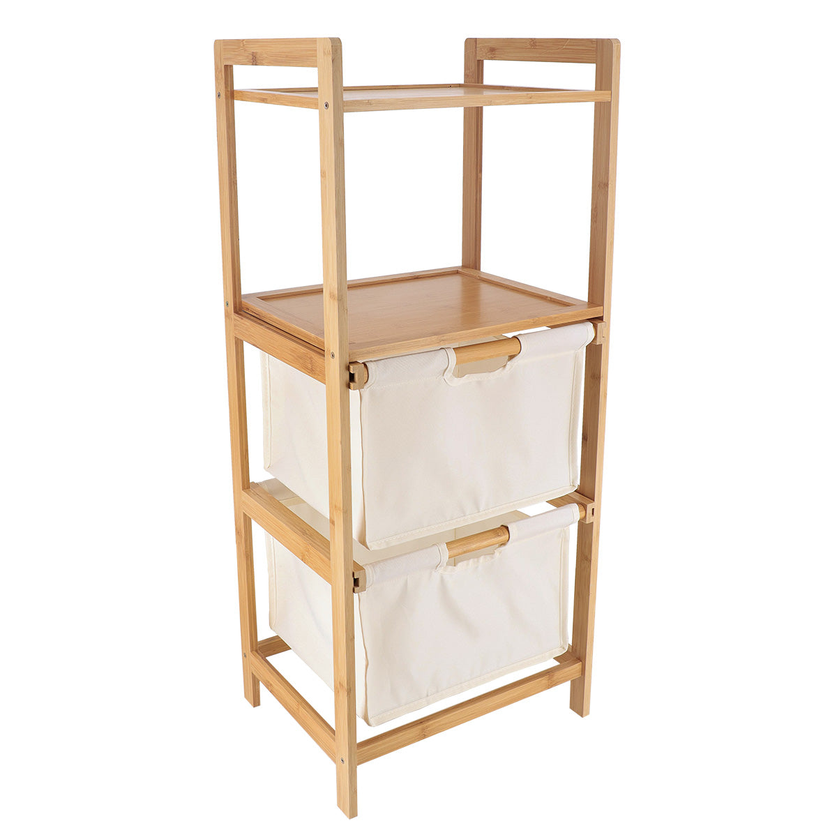 Mobilier din bambus cu 2 coșuri din poliester și rafturi - Alb/Bambus