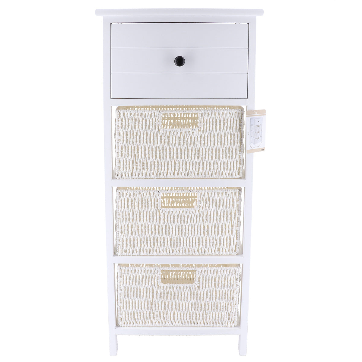 Mobilier din Paulownia/MDF cu 1 Sertar, Buton Negru și 3 Coșuri din Hârtie - Alb