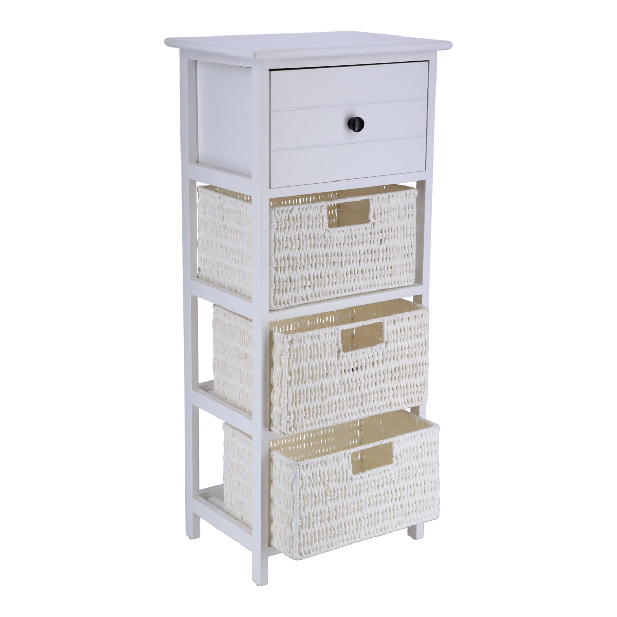 Mobilier din Paulownia/MDF cu 1 Sertar, Buton Negru și 3 Coșuri din Hârtie - Alb