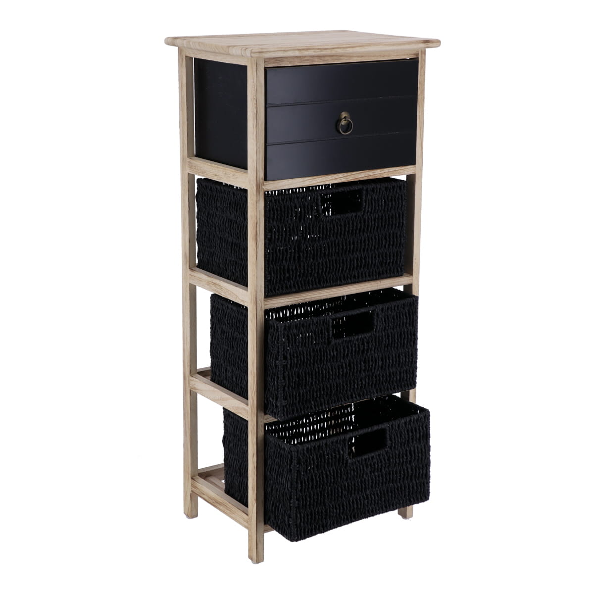 Mobilier din Paulownia/MDF cu 1 Sertar, Buton Negru și 3 Coșuri din Hârtie - Negru/Natural