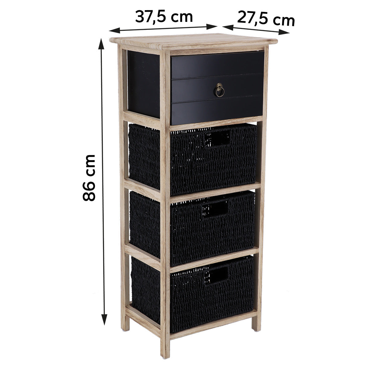 Mobilier din Paulownia/MDF cu 1 Sertar, Buton Negru și 3 Coșuri din Hârtie - Negru/Natural