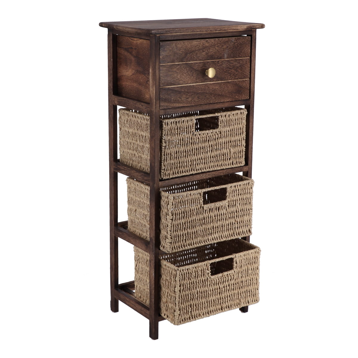 Mobilier din Paulownia/MDF cu 1 Sertar, Buton Negru și 3 Coșuri din Hârtie - Maro/Natural