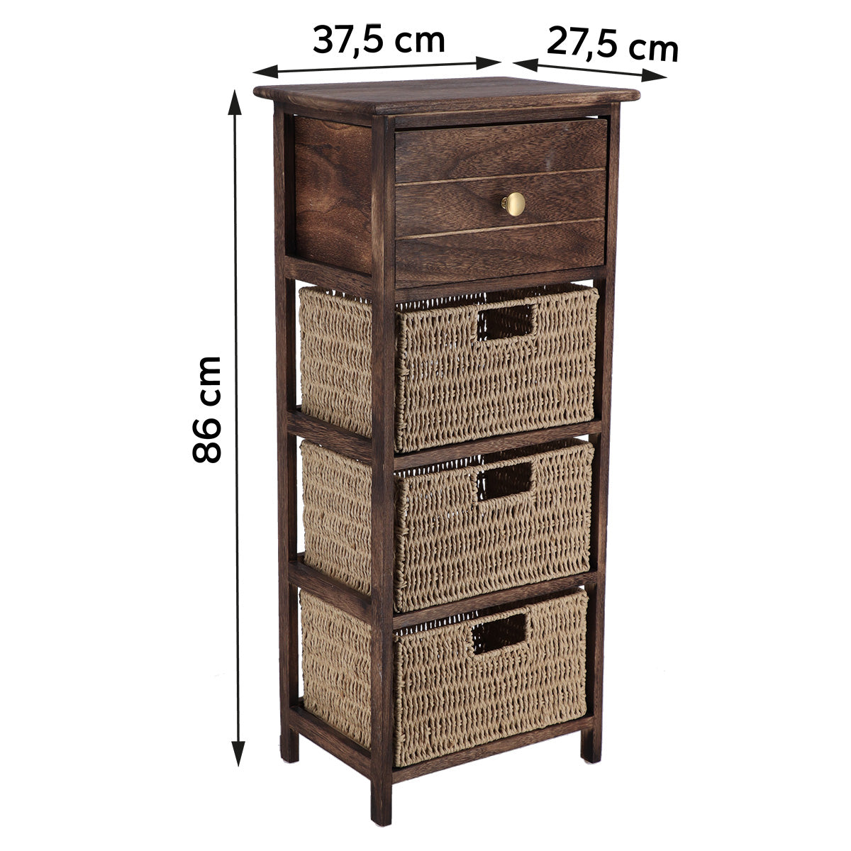 Mobilier din Paulownia/MDF cu 1 Sertar, Buton Negru și 3 Coșuri din Hârtie - Maro/Natural
