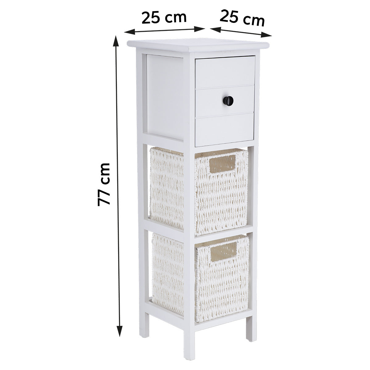 Mobilier din Paulownia/MDF cu 1 Sertar, Buton Negru și 2 Coșuri din Hârtie - Alb