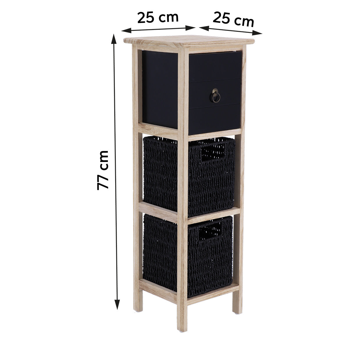 Mobilier din Paulownia/MDF cu 1 Sertar, Buton Negru și 2 Coșuri din Hârtie - Negru/Natural