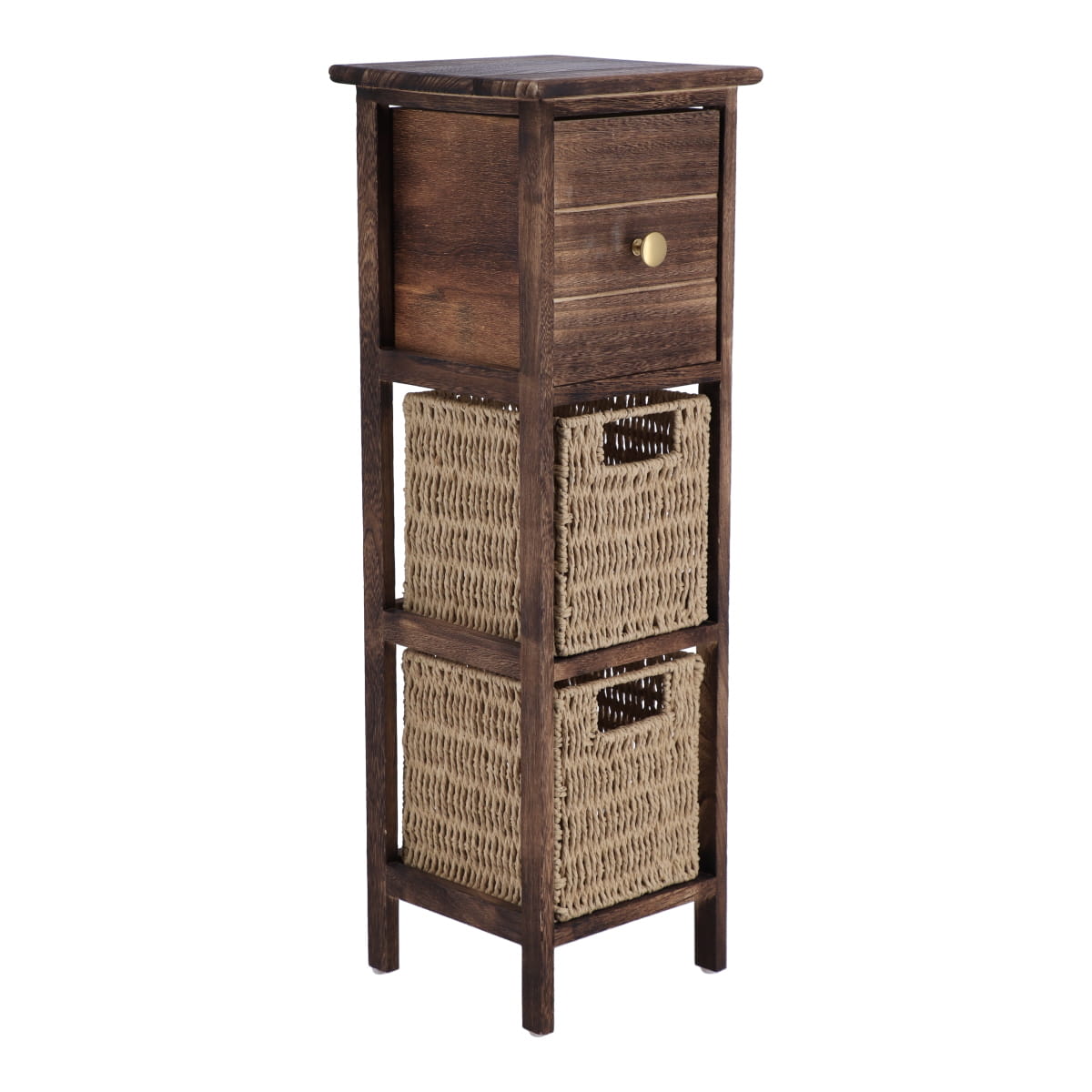 Mobilier din Paulownia și MDF cu 1 Sertar și 2 Coșuri din Hârtie – Maro/Natural