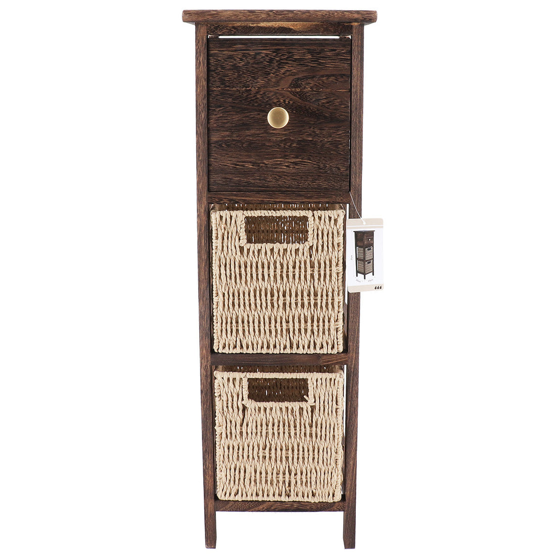 Mobilier din Paulownia și MDF cu 1 Sertar și 2 Coșuri din Hârtie – Maro/Natural