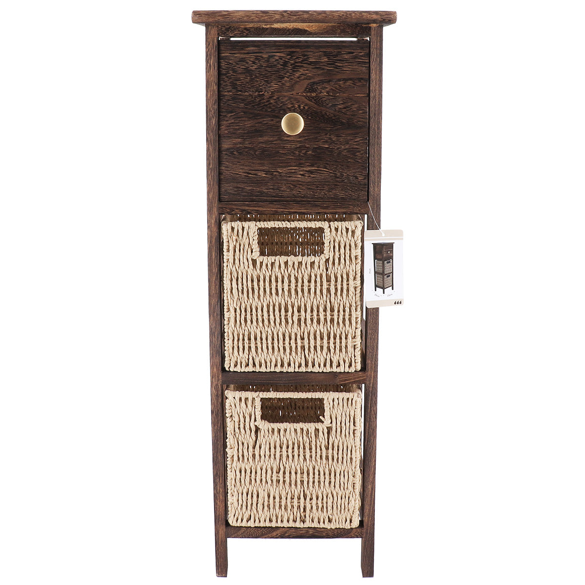 Mobilier din Paulownia și MDF cu 1 Sertar și 2 Coșuri din Hârtie – Maro/Natural