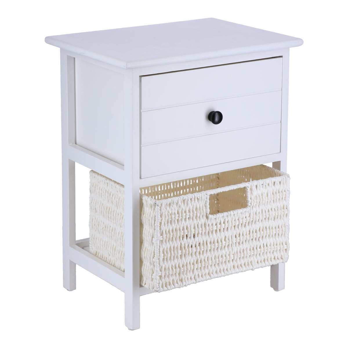 Mobilier mic din Paulownia/MDF cu 1 Sertar, Buton Negru și 1 Coș din Hârtie - Alb