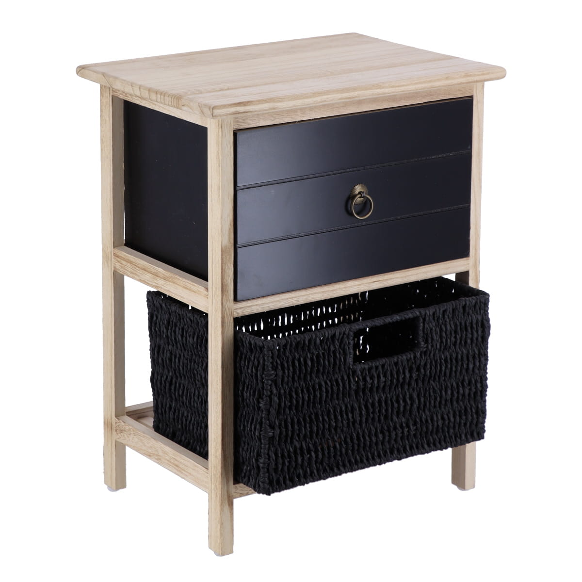 Mobilier mic din Paulownia/MDF cu 1 Sertar, Buton Negru și 1 Coș din Hârtie - Negru