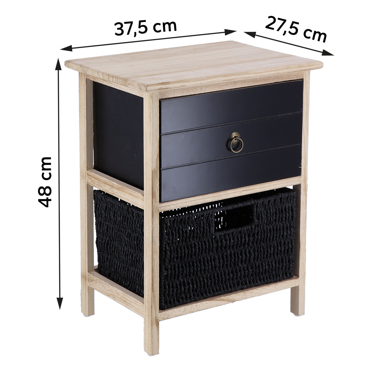 Mobilier mic din Paulownia/MDF cu 1 Sertar, Buton Negru și 1 Coș din Hârtie - Negru