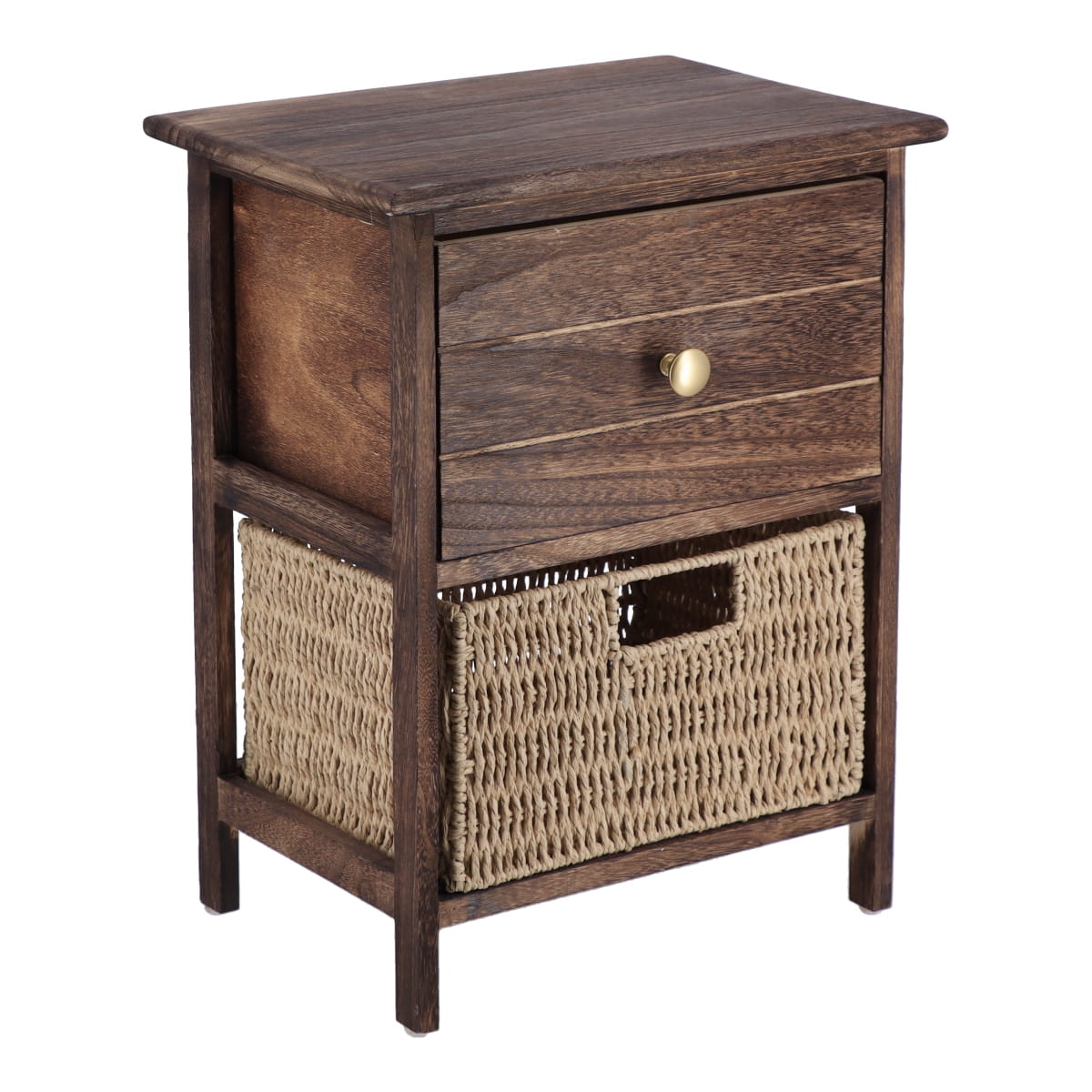 Mobilier Mic din Paulownia și MDF cu 1 Sertar și 1 Coș din Hârtie – Maro/Natural