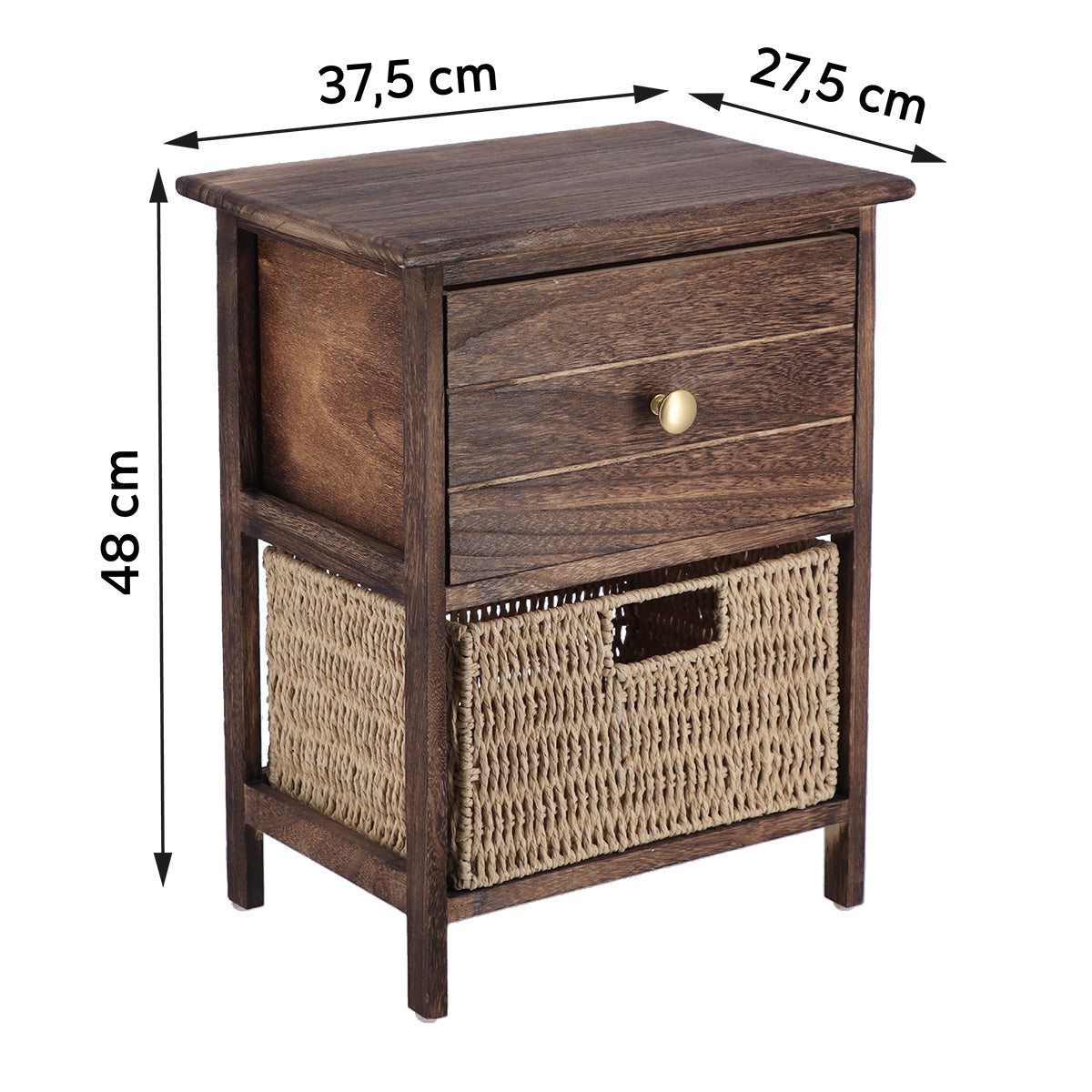 Mobilier Mic din Paulownia și MDF cu 1 Sertar și 1 Coș din Hârtie – Maro/Natural