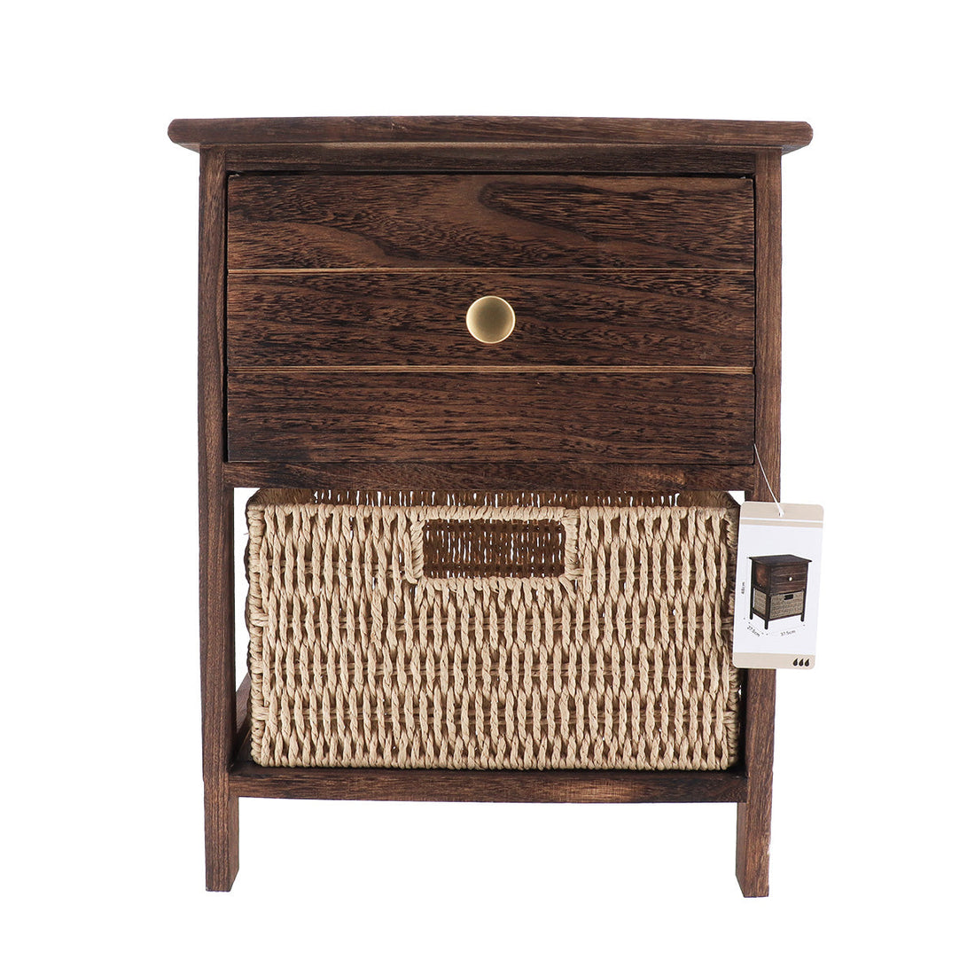 Mobilier Mic din Paulownia și MDF cu 1 Sertar și 1 Coș din Hârtie – Maro/Natural