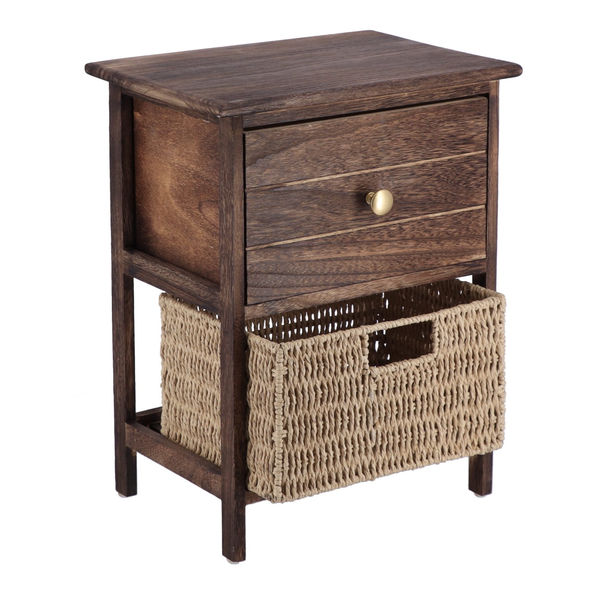 Mobilier Mic din Paulownia și MDF cu 1 Sertar și 1 Coș din Hârtie – Maro/Natural