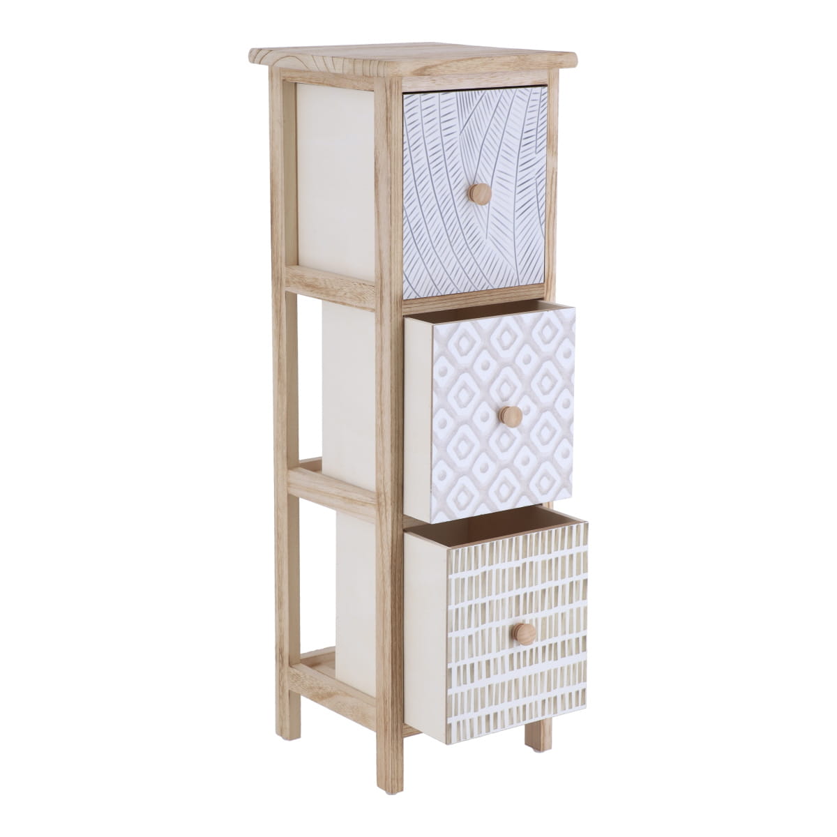Mobilier din Paulownia cu 3 Sertare Imprimate și Butoane din Lemn - Natural