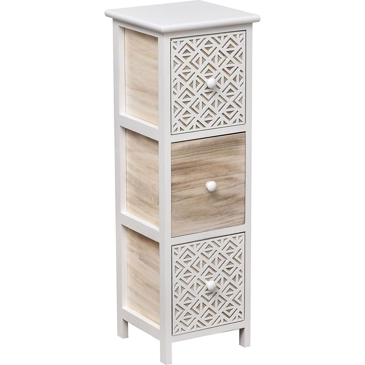 Mobilier din Paulownia cu 3 Sertare Gravate și Mânere din Lemn – Alb/Natural