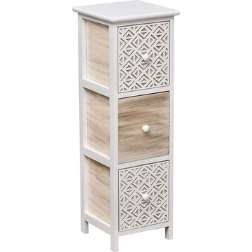 Mobilier din Paulownia cu 3 Sertare Gravate și Mânere din Lemn – Alb/Natural