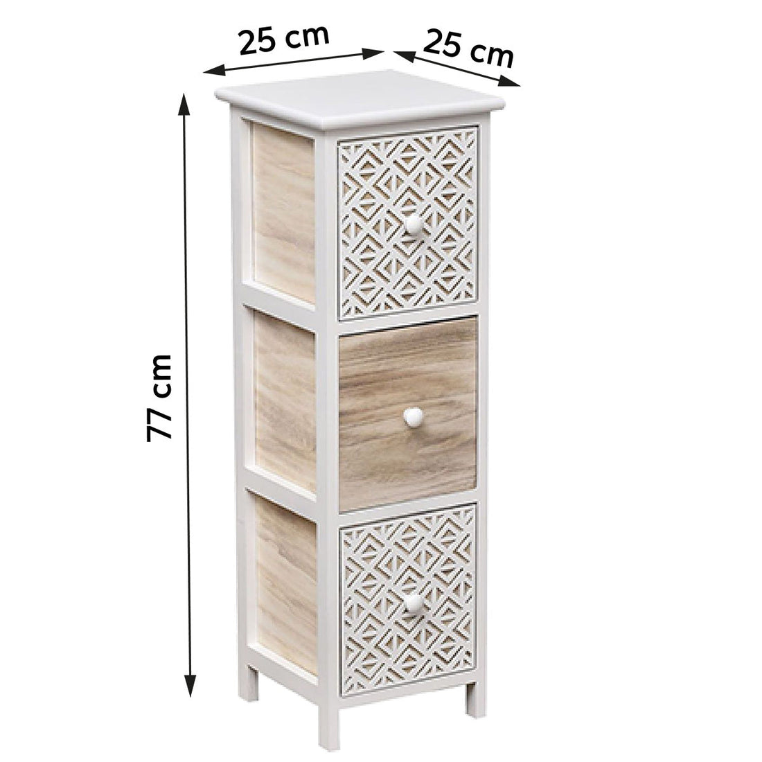 Mobilier din Paulownia cu 3 Sertare Gravate și Mânere din Lemn – Alb/Natural