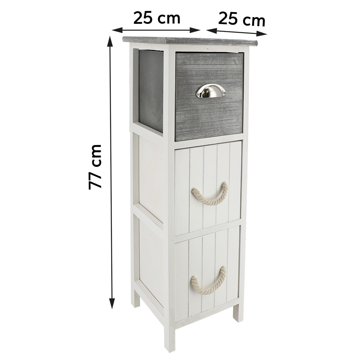 Mobilier din Paulownia cu 3 Sertare și Mânere din Lemn - Alb/Gri