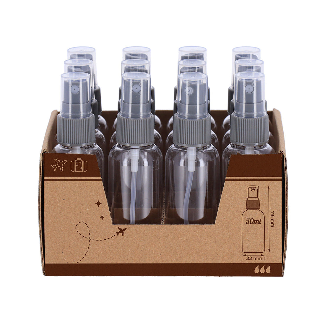 Sticluță Spray 50 ml din Plastic Transparent – Cu Pulverizator Gri, Reutilizabilă
