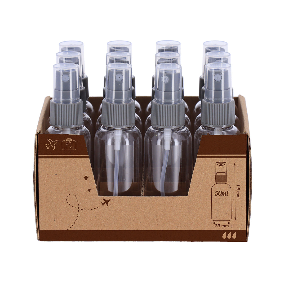 Sticluță Spray 50 ml din Plastic Transparent – Cu Pulverizator Gri, Reutilizabilă