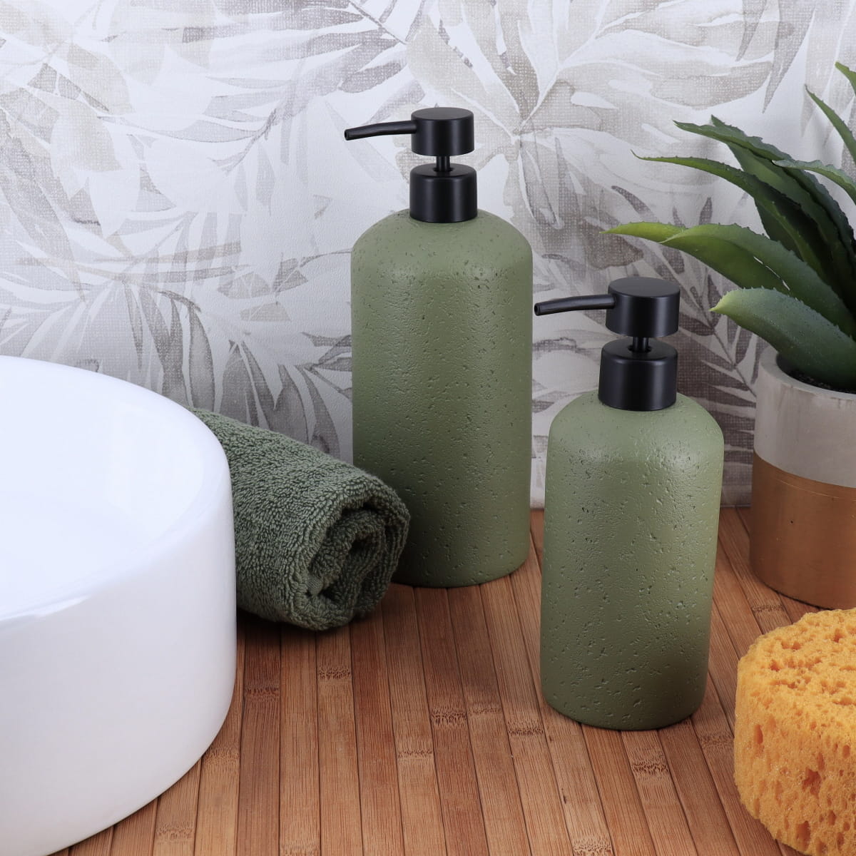 Dispenser pentru Săpun Polirezină 800 ml cu Efect Pietră - Khaki