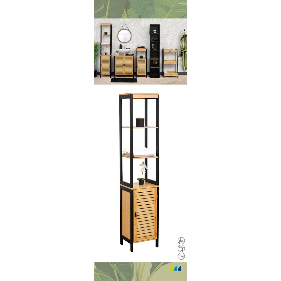 Dulap coloană MDF/Bambus cu 3 rafturi deschise + ușă – Cebu - Dulap - Softambient