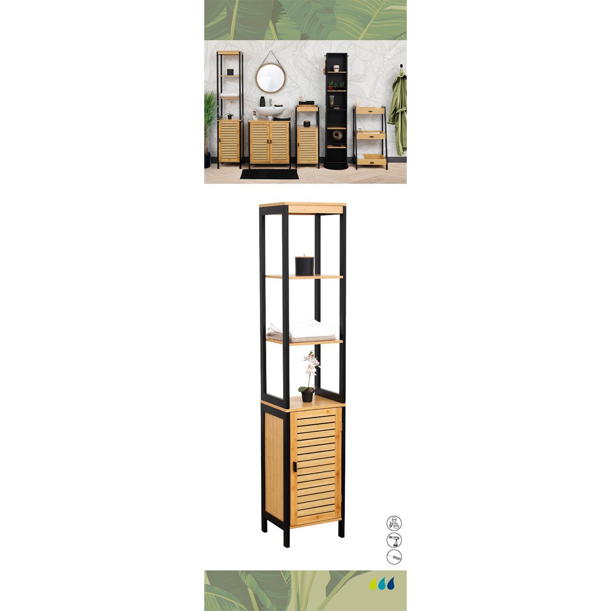 Dulap coloană MDF/Bambus cu 3 rafturi deschise + ușă – Cebu - Dulap - Softambient